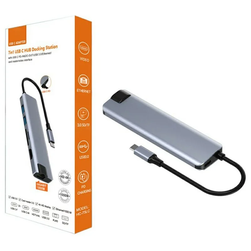 HC-75LC 7-in-1 USB-C-Dockingstation 4K HD PD 100 W Ladeanschluss Gigabit-Ethernet-Hub mit USB 3.0 SD/TF-Kartenleser – Grau