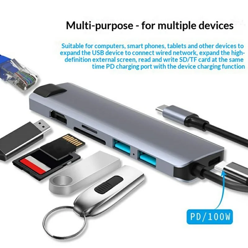 HC-75LC 7-in-1 USB-C-Dockingstation 4K HD PD 100 W Ladeanschluss Gigabit-Ethernet-Hub mit USB 3.0 SD/TF-Kartenleser – Grau