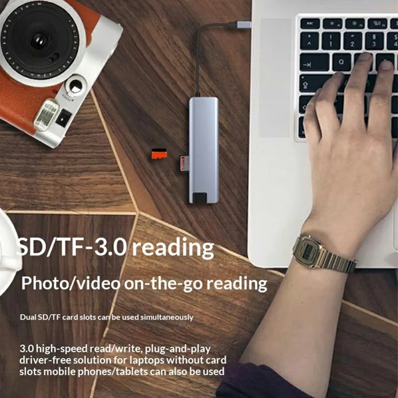 HC-75LC 7-in-1 USB-C-Dockingstation 4K HD PD 100 W Ladeanschluss Gigabit-Ethernet-Hub mit USB 3.0 SD/TF-Kartenleser – Grau