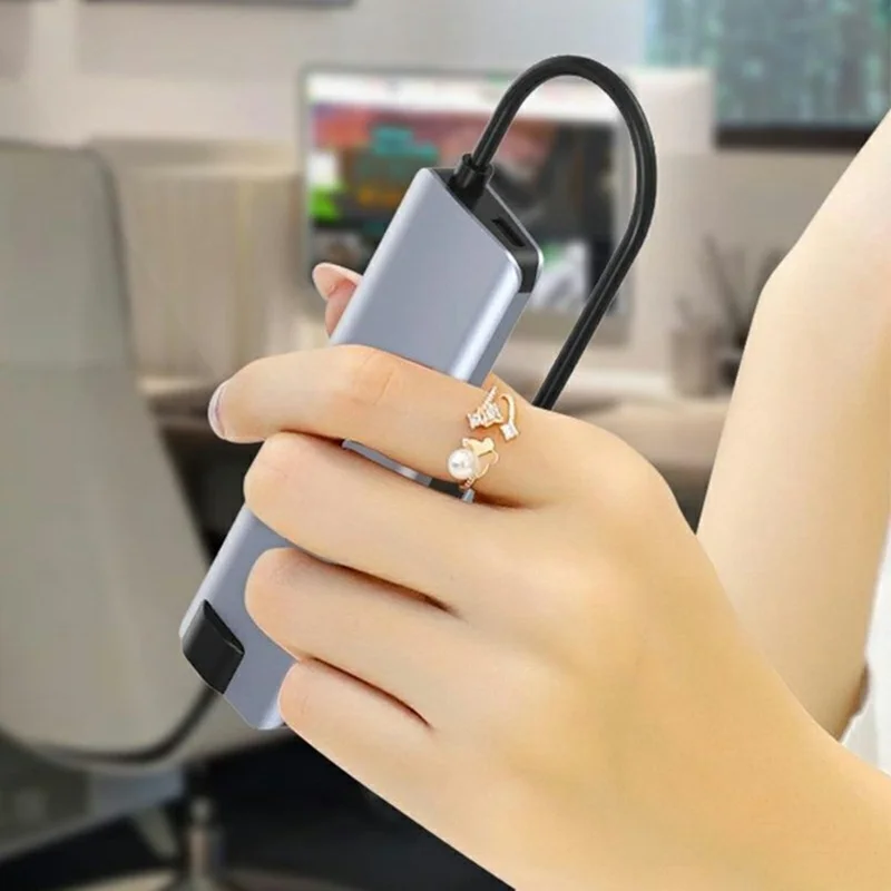 HC-75LC 7-in-1 USB-C-Dockingstation 4K HD PD 100 W Ladeanschluss Gigabit-Ethernet-Hub mit USB 3.0 SD/TF-Kartenleser – Grau