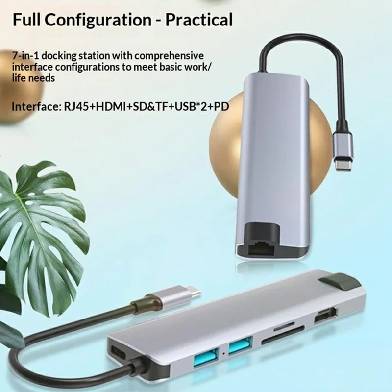 HC-75LC 7-in-1 USB-C-Dockingstation 4K HD PD 100 W Ladeanschluss Gigabit-Ethernet-Hub mit USB 3.0 SD/TF-Kartenleser – Grau