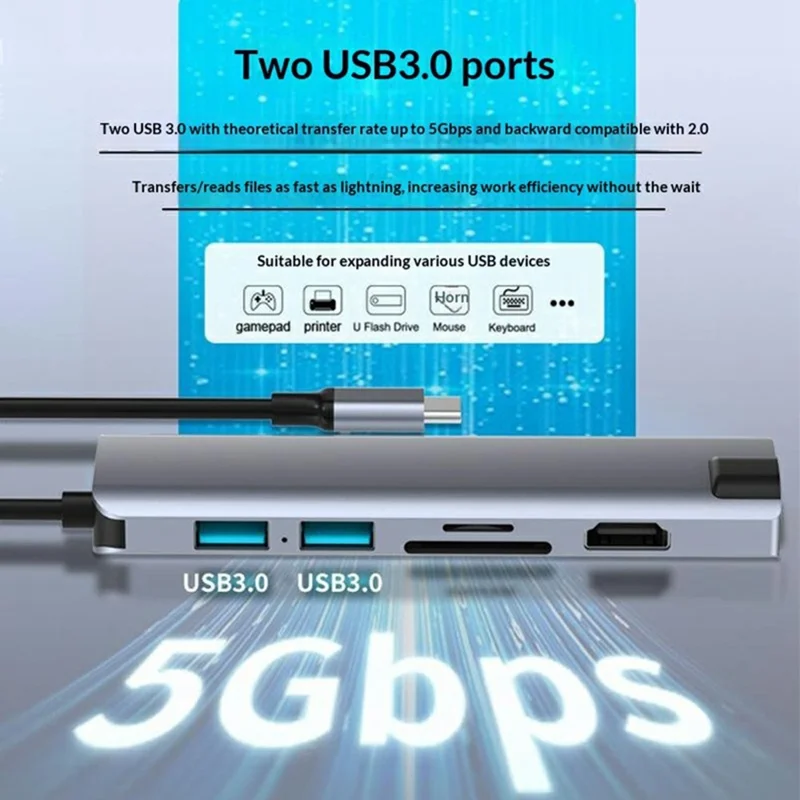 HC-75LC 7-in-1 USB-C-Dockingstation 4K HD PD 100 W Ladeanschluss Gigabit-Ethernet-Hub mit USB 3.0 SD/TF-Kartenleser – Grau