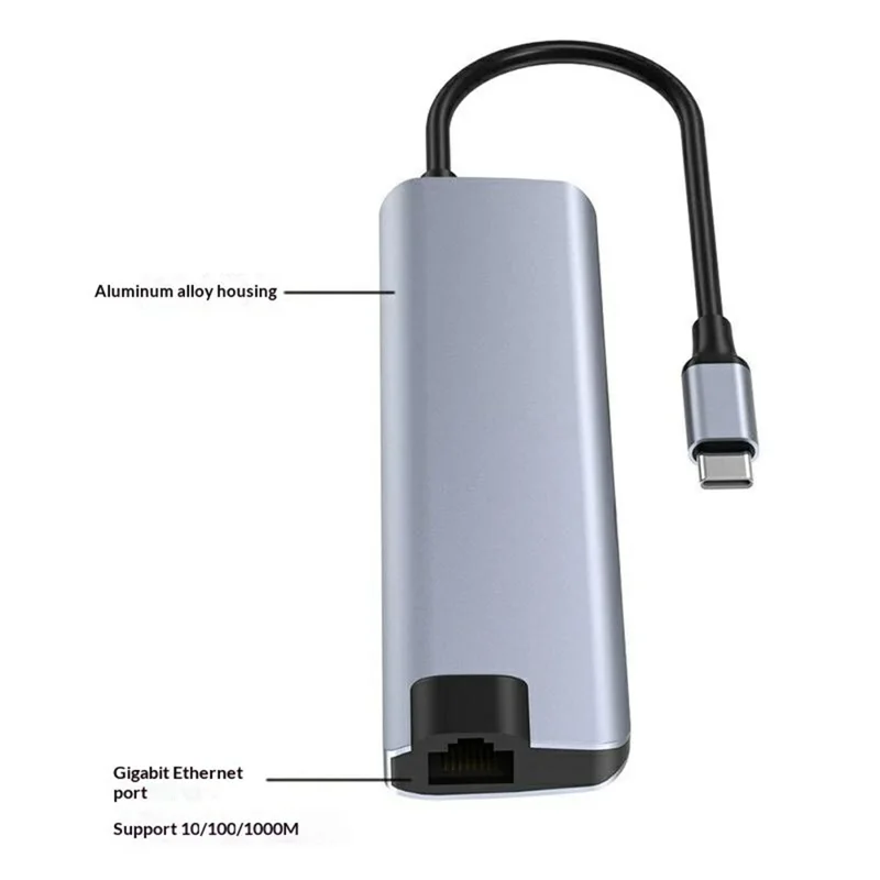 HC-75LC 7-in-1 USB-C-Dockingstation 4K HD PD 100 W Ladeanschluss Gigabit-Ethernet-Hub mit USB 3.0 SD/TF-Kartenleser – Grau