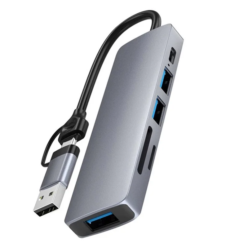 HC-13FL Type-C / USB-A to USB 3.0 / 2.0 SD TF Card Reader Multi-port Docking Station with DC-IN Power Port - Grey