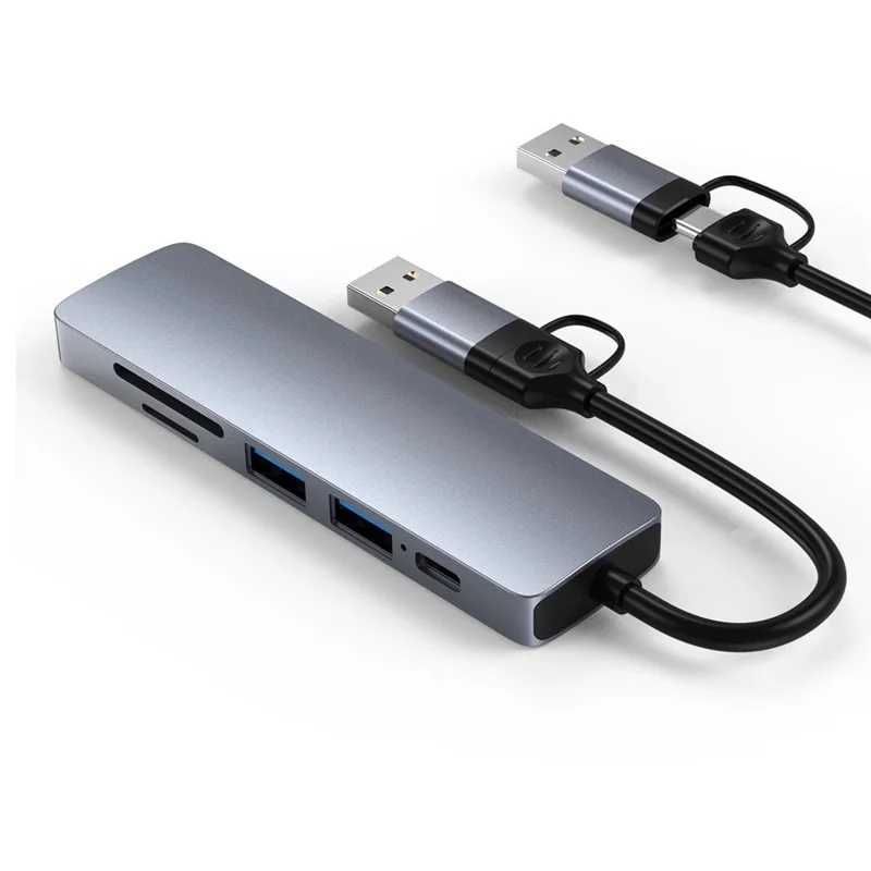 HC-13FL Type-C / USB-A to USB 3.0 / 2.0 SD TF Card Reader Multi-port Docking Station with DC-IN Power Port - Grey