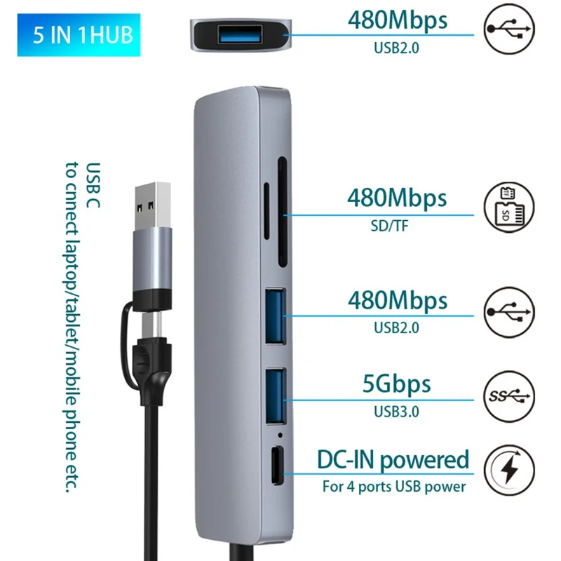 HC-13FL Type-C / USB-A to USB 3.0 / 2.0 SD TF Card Reader Multi-port Docking Station with DC-IN Power Port - Grey