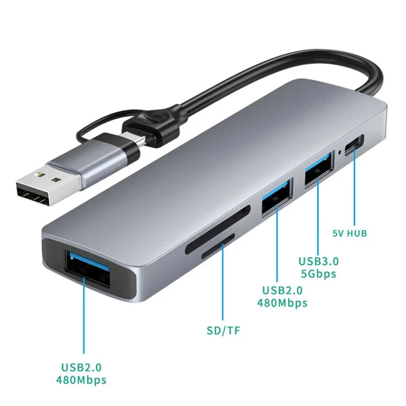 HC-13FL Type-C / USB-A to USB 3.0 / 2.0 SD TF Card Reader Multi-port Docking Station with DC-IN Power Port - Grey