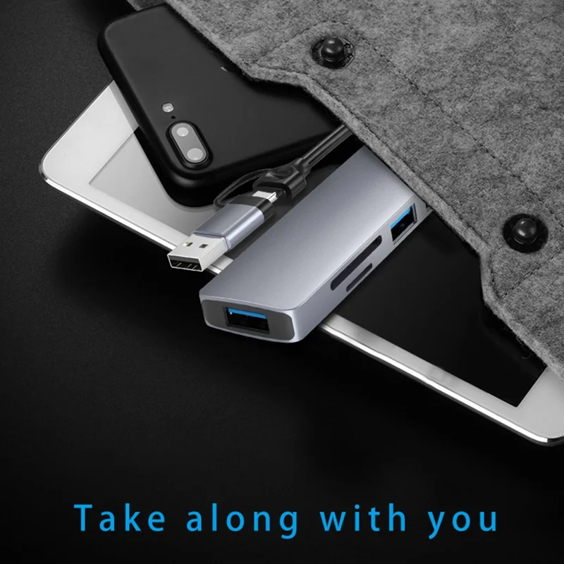 HC-13FL Type-C / USB-A to USB 3.0 / 2.0 SD TF Card Reader Multi-port Docking Station with DC-IN Power Port - Grey