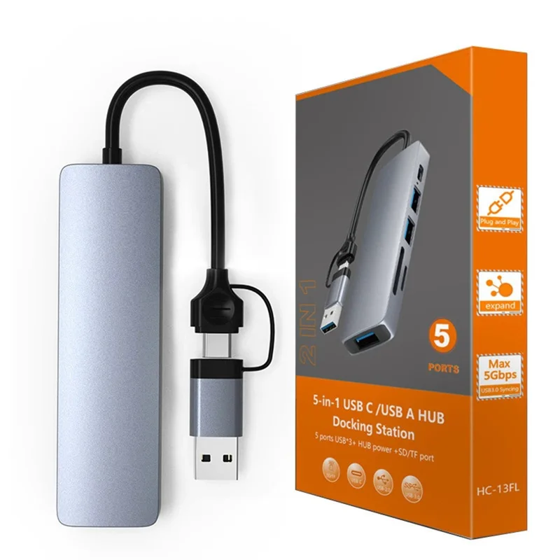 HC-13FL Type-C / USB-A to USB 3.0 / 2.0 SD TF Card Reader Multi-port Docking Station with DC-IN Power Port - Grey