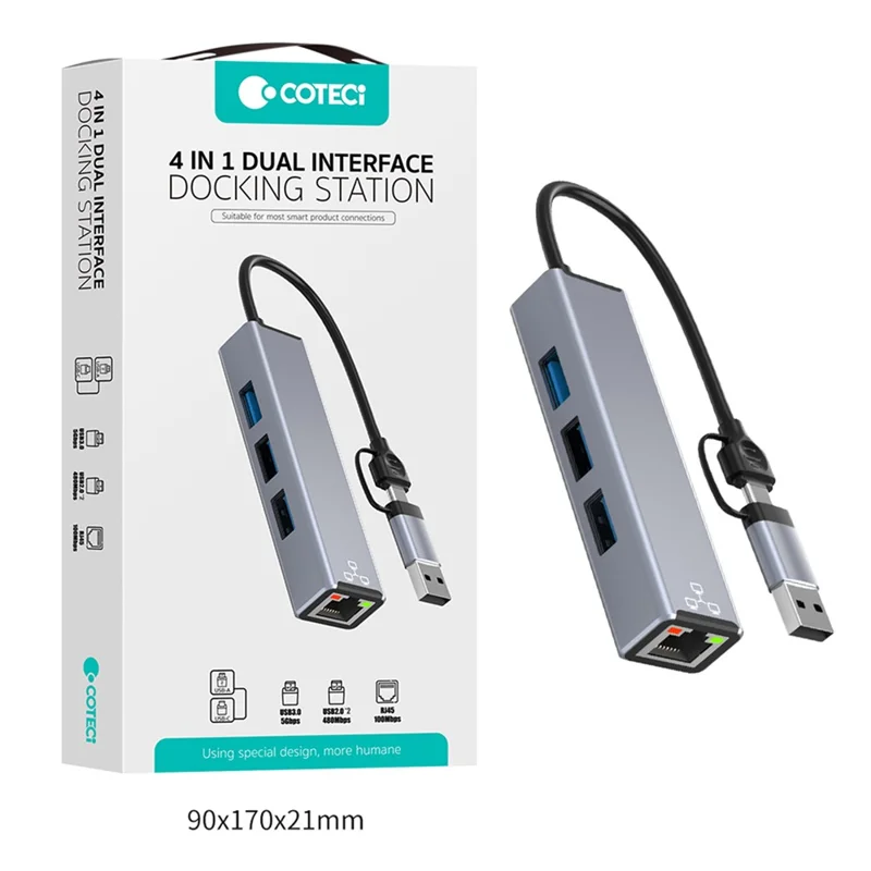 COTECI 16023 4 in 1 USB Hub USB-C / Type-A to USB3.0 USB2.0 RJ45 Ethernet Docking Station for Laptop Tablet - Grey