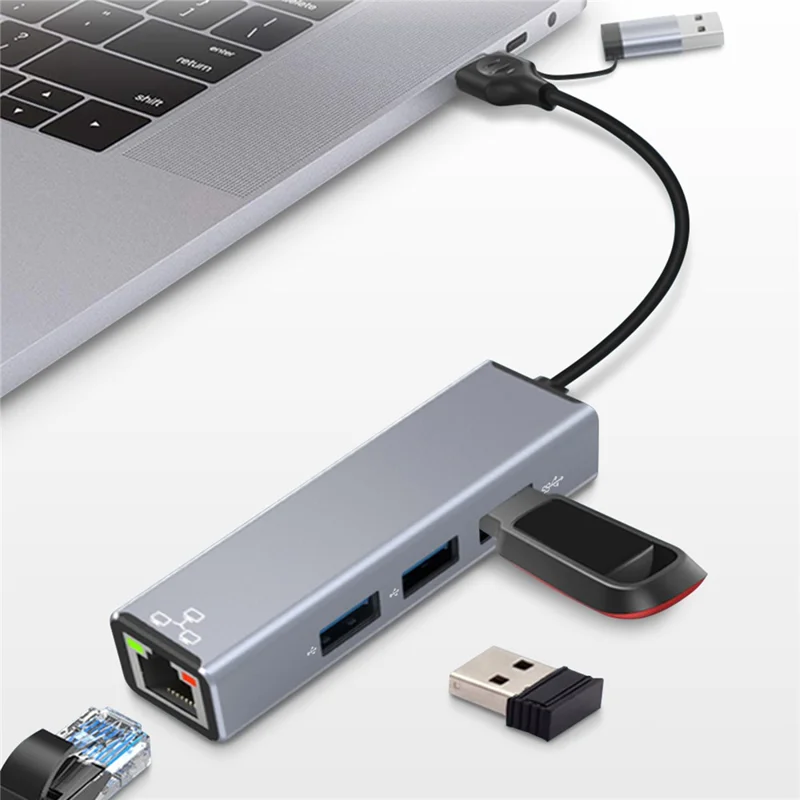 COTECI 16023 4 in 1 USB Hub USB-C / Type-A to USB3.0 USB2.0 RJ45 Ethernet Docking Station for Laptop Tablet - Grey