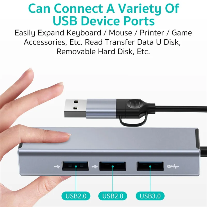 COTECI 16023 4 in 1 USB Hub USB-C / Type-A to USB3.0 USB2.0 RJ45 Ethernet Docking Station for Laptop Tablet - Grey