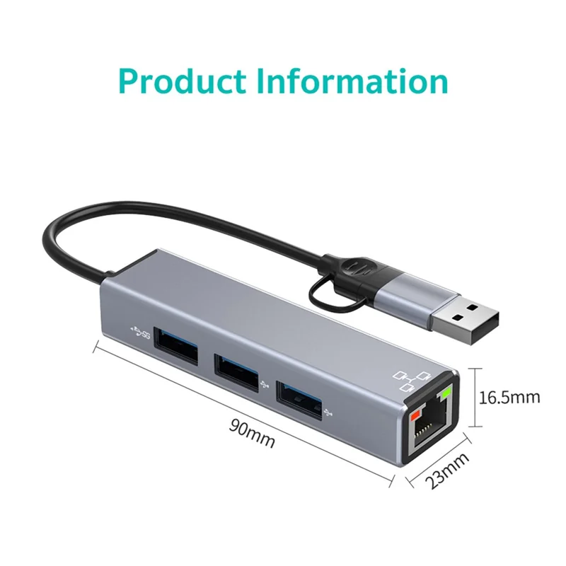 COTECI 16023 4 in 1 USB Hub USB-C / Type-A to USB3.0 USB2.0 RJ45 Ethernet Docking Station for Laptop Tablet - Grey