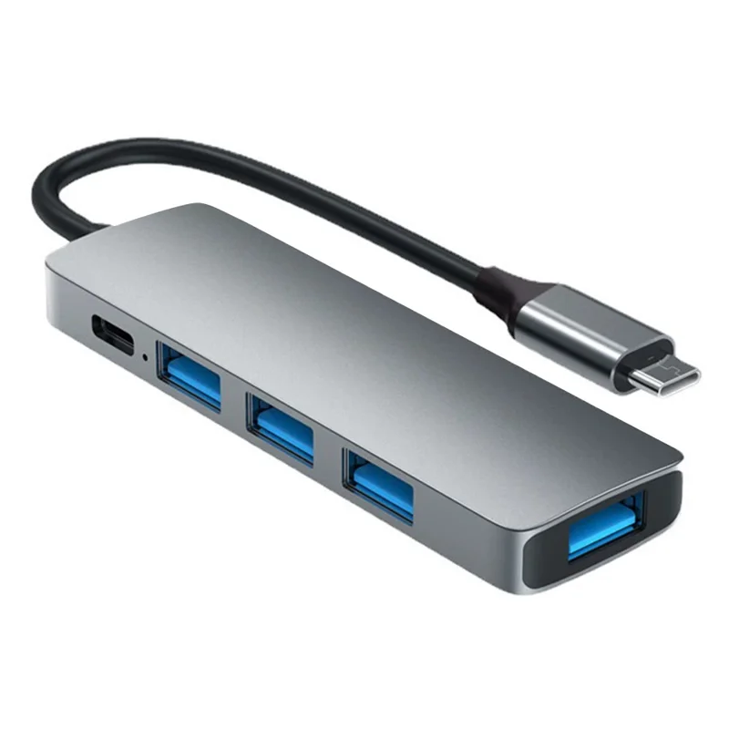 HC-13E Aluminum Alloy USB-C Hub USB 3.0 / 2.0 4-Port Docking Station with Type-C Power Port - Grey