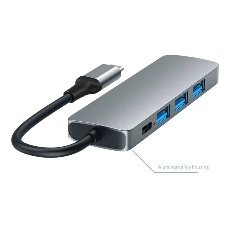 HC-13E Aluminum Alloy USB-C Hub USB 3.0 / 2.0 4-Port Docking Station with Type-C Power Port - Grey