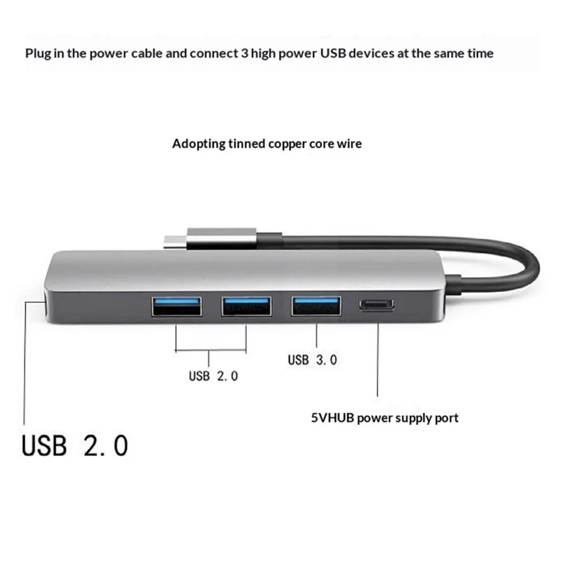 HC-13E Aluminum Alloy USB-C Hub USB 3.0 / 2.0 4-Port Docking Station with Type-C Power Port - Grey