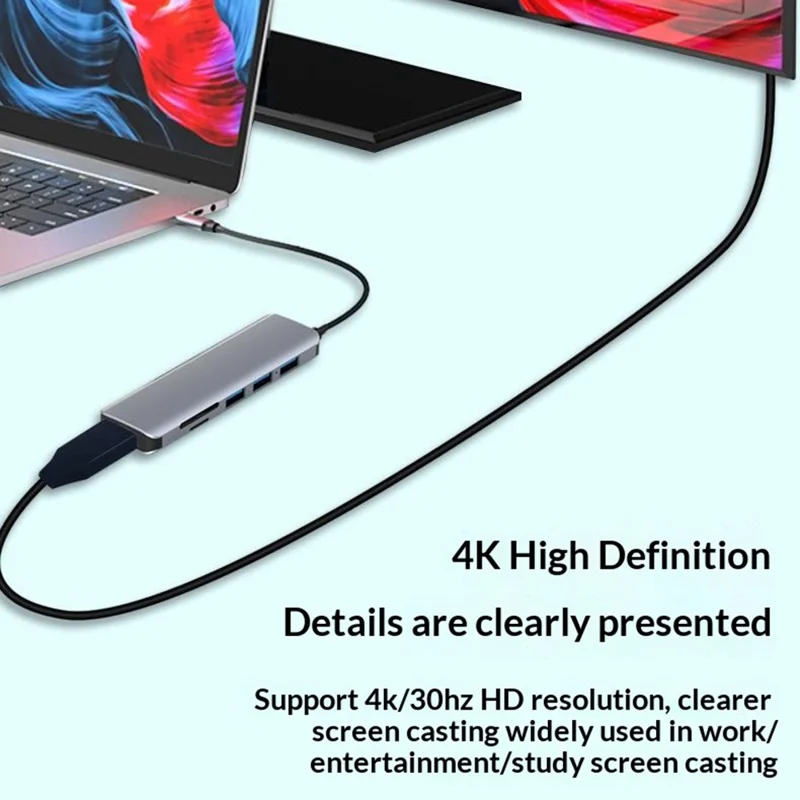HC-75C 7 in 1 USB C Hub 3x USB3.0 4K HD SD / TF Card Reader with PD 60W Charging Port - Grey