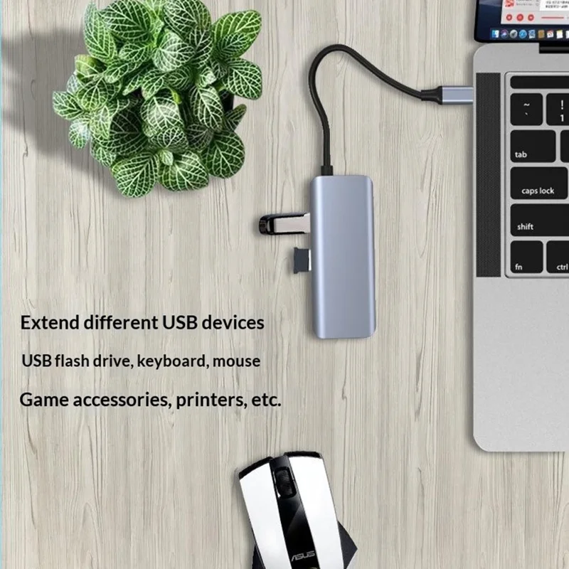 HC-75C 7 in 1 USB C Hub 3x USB3.0 4K HD SD / TF Card Reader with PD 60W Charging Port - Grey