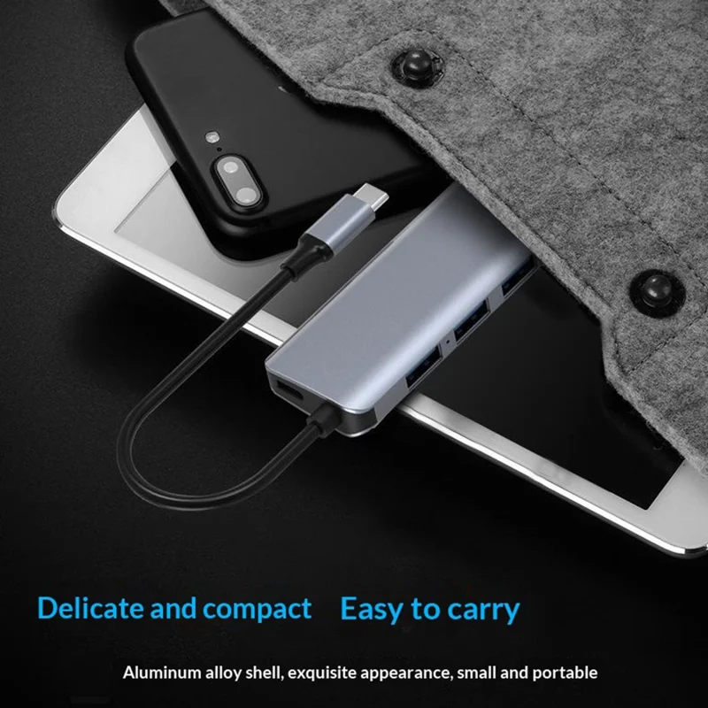 HC-75C 7 in 1 USB C Hub 3x USB3.0 4K HD SD / TF Card Reader with PD 60W Charging Port - Grey