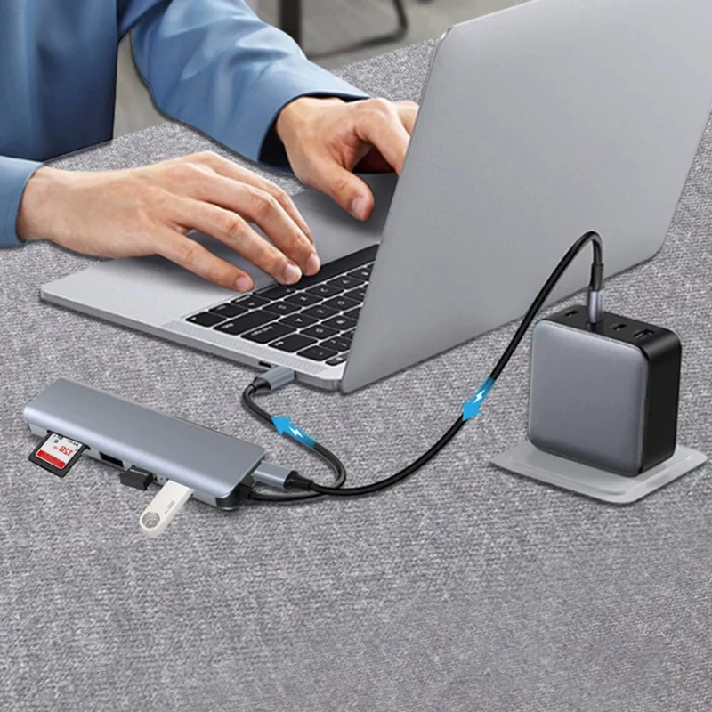 HC-75C 7 in 1 USB C Hub 3x USB3.0 4K HD SD / TF Card Reader with PD 60W Charging Port - Grey