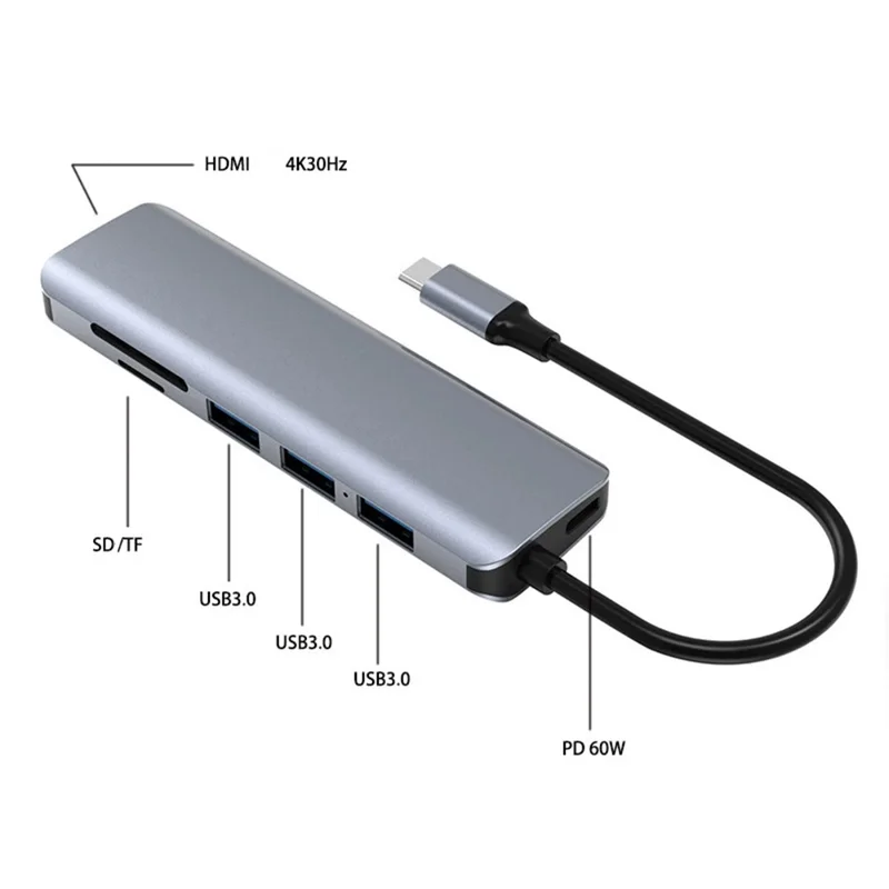 HC-75C 7 in 1 USB C Hub 3x USB3.0 4K HD SD / TF Card Reader with PD 60W Charging Port - Grey