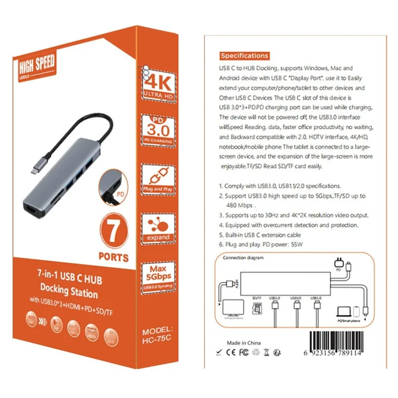 HC-75C 7 in 1 USB C Hub 3x USB3.0 4K HD SD / TF Card Reader with PD 60W Charging Port - Grey