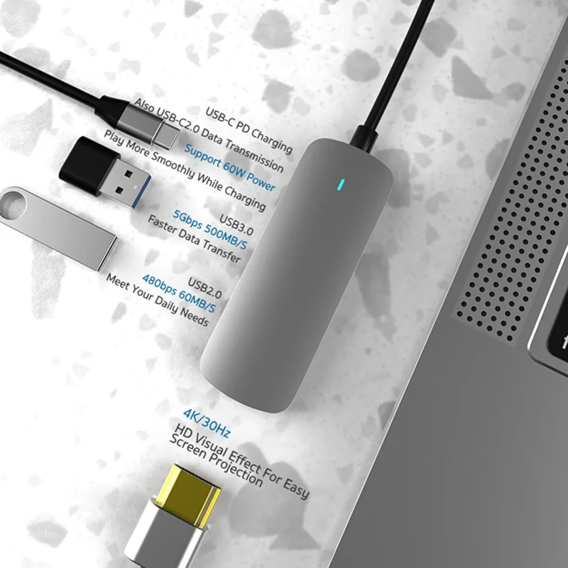 COTECI 4 in 1 USB-C Hub Multiport Adapter Type-C to HD+USB2.0+USB3.0+PD / Data Transmission for MacBook Laptop - Grey
