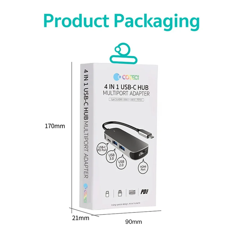 COTECI 4 in 1 USB-C Hub Multiport Adapter Type-C to HD+USB2.0+USB3.0+PD / Data Transmission for MacBook Laptop - Grey