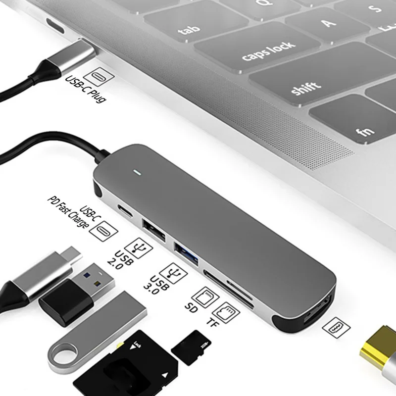 COTECI 6 in 1 USB-C Hub Type-C to 4K HD USB3.0 USB2.0 SD TF PD Docking Station for MacBook Laptop - Grey