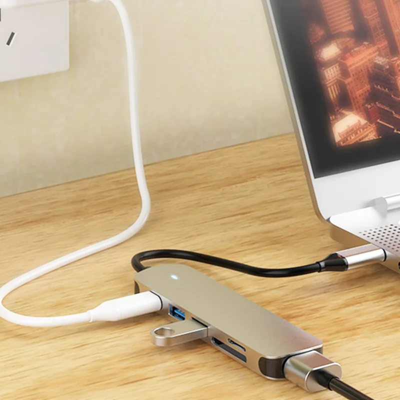 COTECI 6 in 1 USB-C Hub Type-C to 4K HD USB3.0 USB2.0 SD TF PD Docking Station for MacBook Laptop - Grey