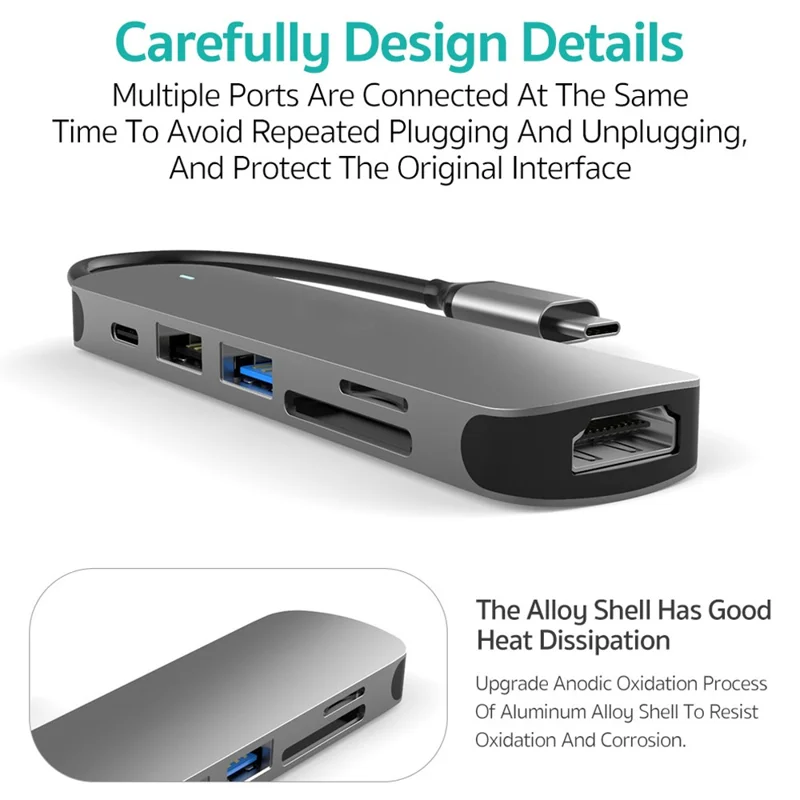 COTECI 6 in 1 USB-C Hub Type-C to 4K HD USB3.0 USB2.0 SD TF PD Docking Station for MacBook Laptop - Grey