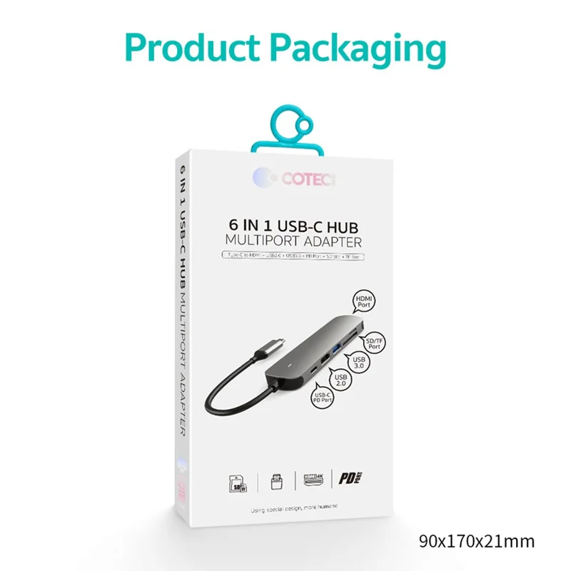 COTECI 6 in 1 USB-C Hub Type-C to 4K HD USB3.0 USB2.0 SD TF PD Docking Station for MacBook Laptop - Grey