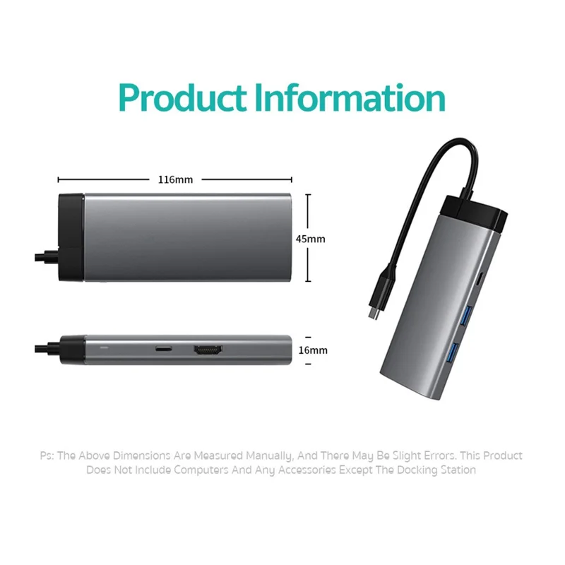 COTECI 16011 7-in-1 USB-C Hub Multiport Adapter Type-C to PD+USB3.0+USB2.0+HD+USB-C2.0+SD+TF Docking Station for Laptop - Grey