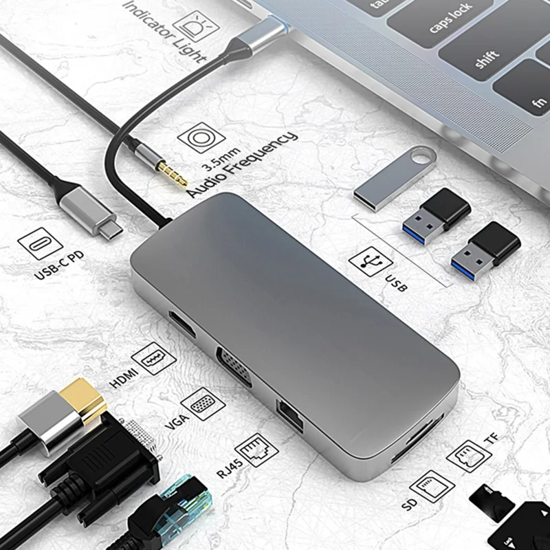 COTECI 16012 10 in 1 USB C Hub Type-C to HD 4K VGA USB 3.0 PD 100W SD TF RJ45 Audio Adapter for Laptop - Grey