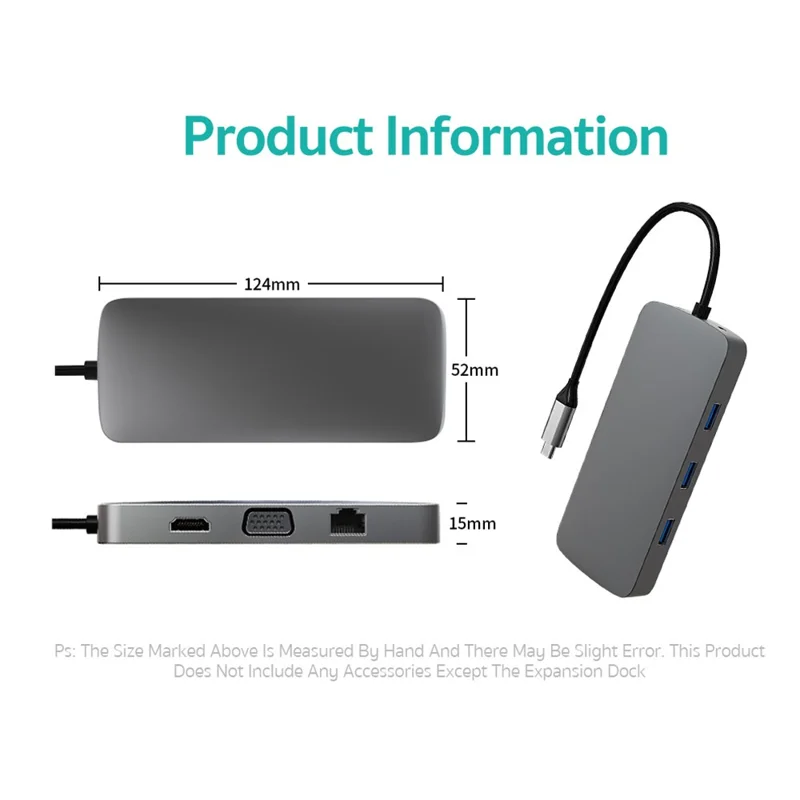 COTECI 16012 10 in 1 USB C Hub Type-C to HD 4K VGA USB 3.0 PD 100W SD TF RJ45 Audio Adapter for Laptop - Grey