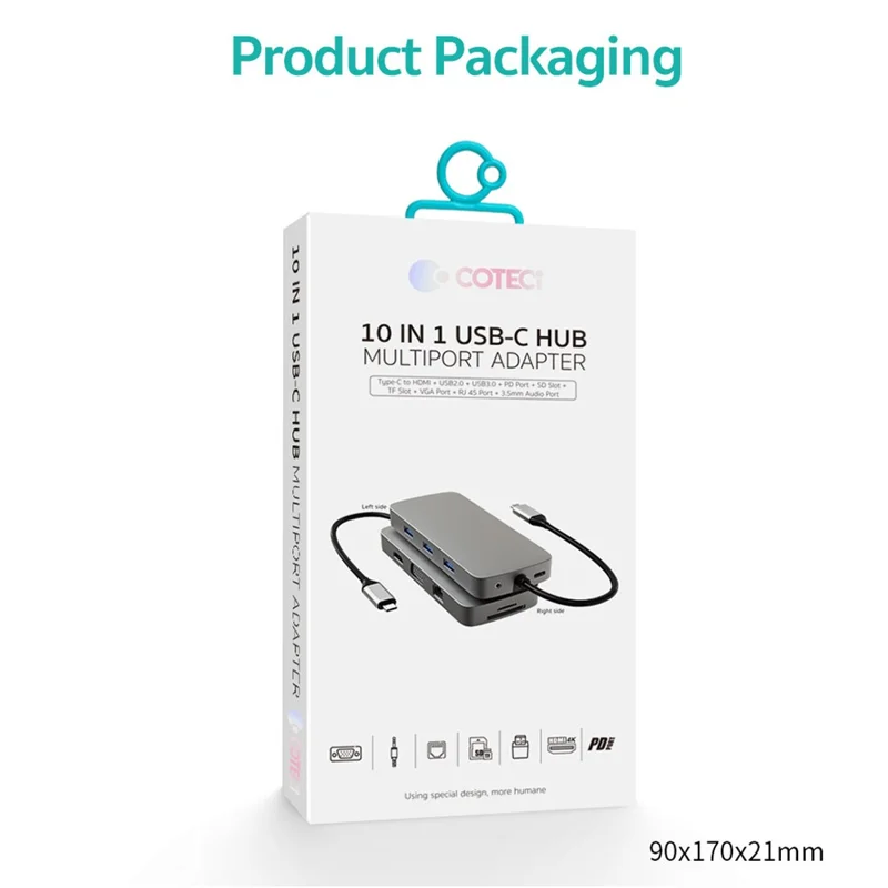 COTECI 16012 10 in 1 USB C Hub Type-C to HD 4K VGA USB 3.0 PD 100W SD TF RJ45 Audio Adapter for Laptop - Grey
