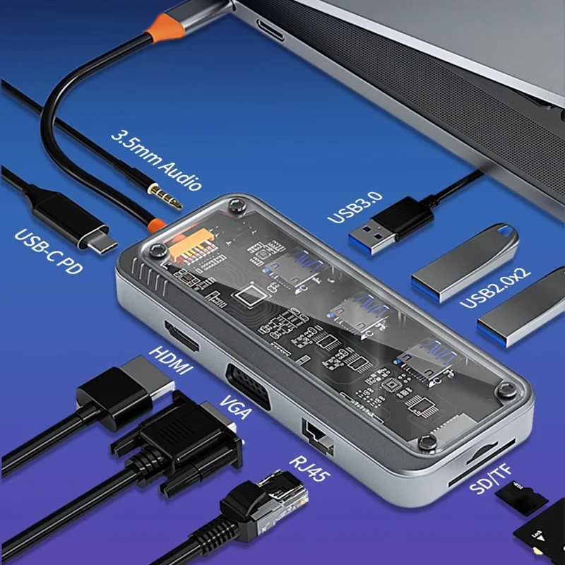 COTECI 16013 Punk 10-in-1 USB Hub Type-C Docking Station 4K HD VGA RJ45 100W PD for Laptop