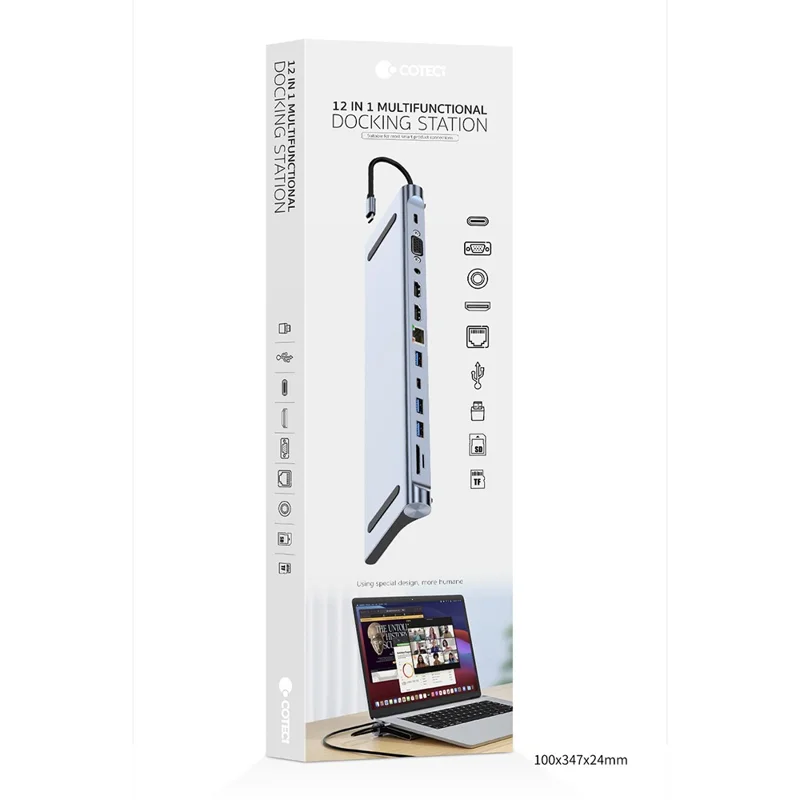 COTECI 16014 Hub USB-C 12-em-1 Tipo-C 87W PD Carregamento Rápido Estação de Acoplamento HD 4K para Laptop