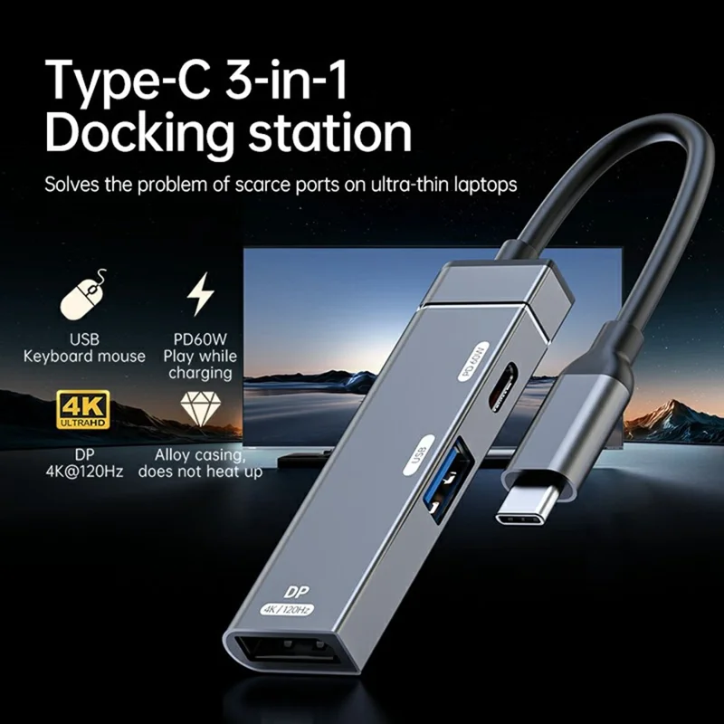 3 in 1 USB-C Hub 4K 120Hz DisplayPort + USB-A 3.0 + USB-C PD 60W Charging Adapter for Phone Tablet - Tarnish