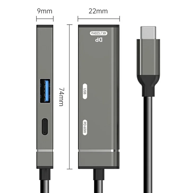 3 in 1 USB-C Hub 4K 120Hz DisplayPort + USB-A 3.0 + USB-C PD 60W Charging Adapter for Phone Tablet - Tarnish