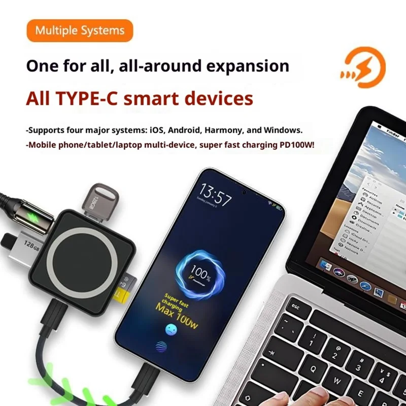 TYS-1030 Magnetic 6-in-1 USB Hub Card Reader 100W PD Fast Charging Wireless Charger Docking Station for Phone Tablet - Black