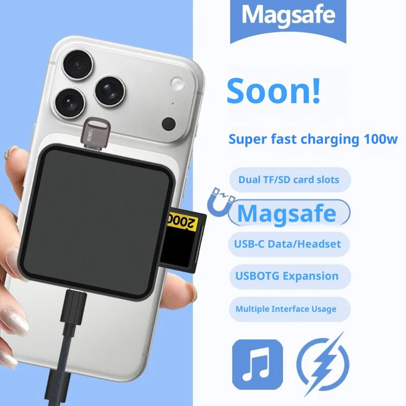 TYS-1030 Magnetic 6-in-1 USB Hub Card Reader 100W PD Fast Charging Wireless Charger Docking Station for Phone Tablet - Black