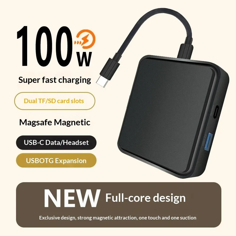 TYS-1030 Magnetic 6-in-1 USB Hub Card Reader 100W PD Fast Charging Wireless Charger Docking Station for Phone Tablet - Black