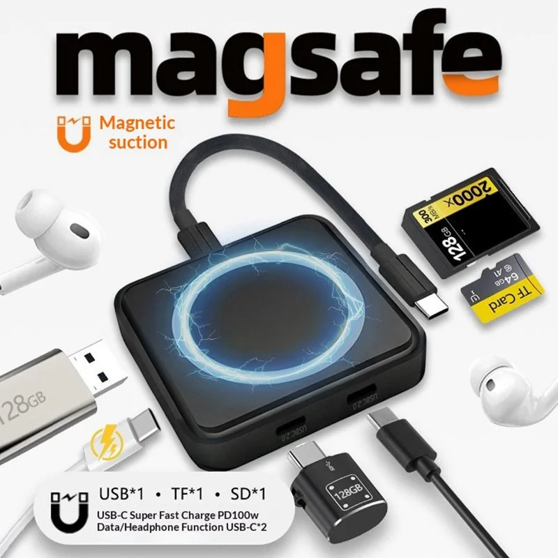 TYS-1030 Magnetic 6-in-1 USB Hub Card Reader 100W PD Fast Charging Wireless Charger Docking Station for Phone Tablet - Black