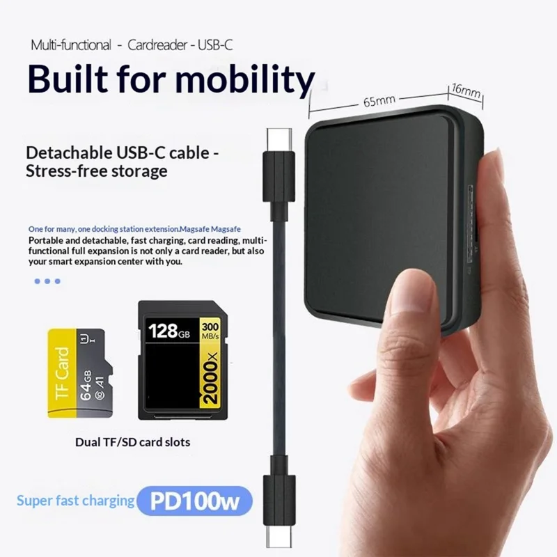 TYS-1030 Magnetic 6-in-1 USB Hub Card Reader 100W PD Fast Charging Wireless Charger Docking Station for Phone Tablet - Black
