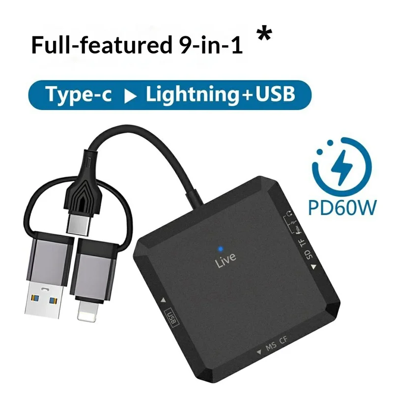TYS-1029 iP (5-14)+USB+Type-C Interface Hub 9-in-1 USB-C Adapter Card Reader for TF  /  SD  /  CF  /  MS 60W PD Fast Charging Docking Station - Black
