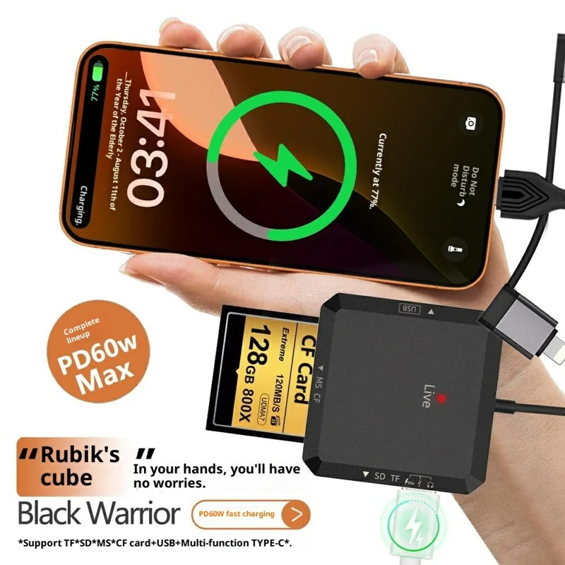 TYS-1029 iP (5-14)+USB+Type-C Interface Hub 9-in-1 USB-C Adapter Card Reader for TF  /  SD  /  CF  /  MS 60W PD Fast Charging Docking Station - Black