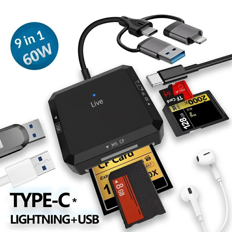 TYS-1029 iP (5-14)+USB+Type-C Interface Hub 9-in-1 USB-C Adapter Card Reader for TF  /  SD  /  CF  /  MS 60W PD Fast Charging Docking Station - Black