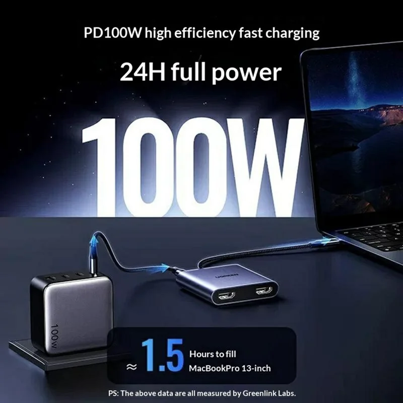 Adattatore UGREEN CM866 65145 USB-C a Doppia HD 4K/30Hz con Porta USB-A 3.0 e Ricarica Rapida PD 100W