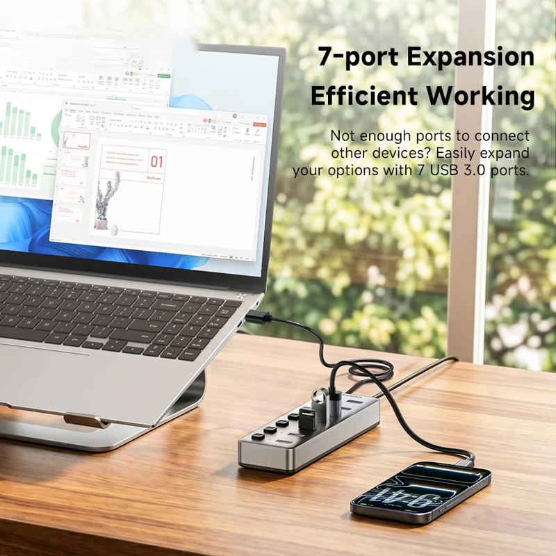 ESSAGER 7in1 USB 3.0 Expansion Hub 7 Ports 5Gbps Data Transfer Independent Switches - EU Plug